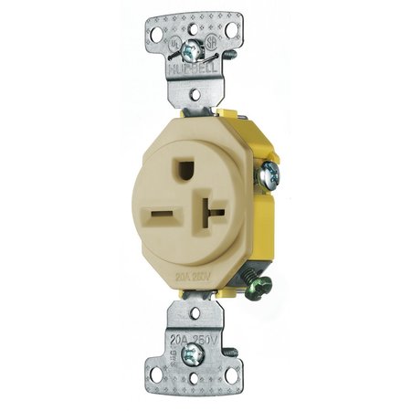 HUBBELL WIRING DEVICE-KELLEMS TradeSelect, Straight Blade Devices, Residential Grade, Receptacles, Single, 20A 250V, 2-Pole 3-Wire Grounding, 6-20R, Self Grounding, Ivory RR205I